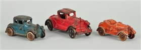LOT OF 3: WILLIAMS CAST IRON ROADSTER CARS.