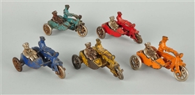 LOT OF 5: HUBLEY CAST IRON MOTORCYCLISTS.