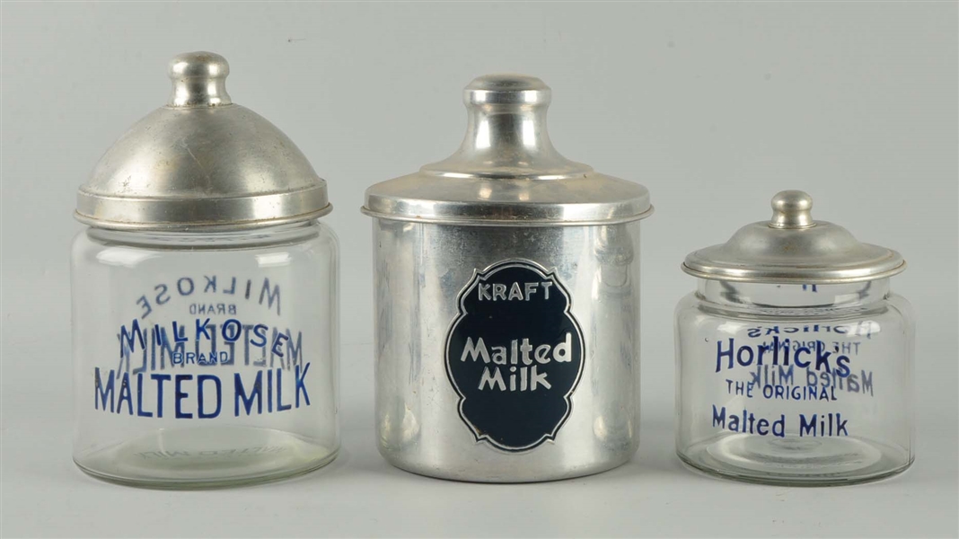 LOT OF 3: MALTED MILK CONTAINERS.