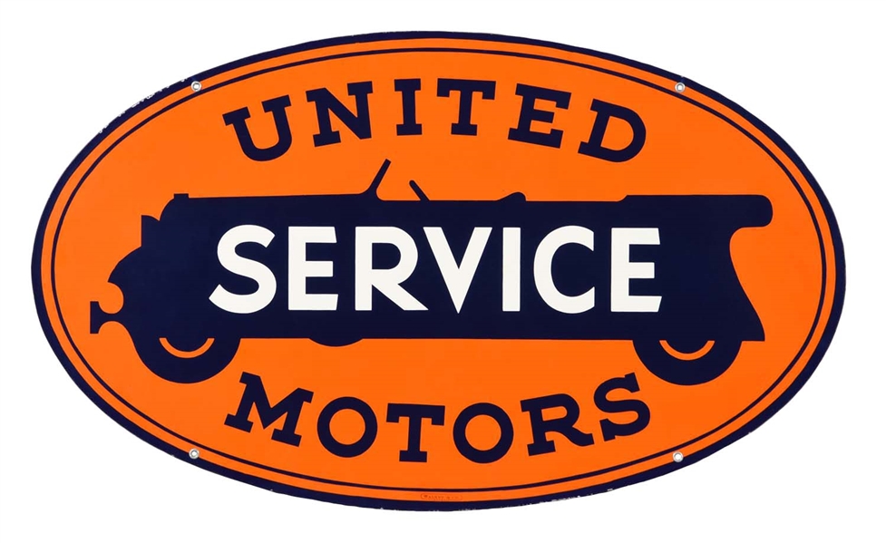 UNITED MOTOR SERVICE W/CAR LOGO OVAL PORCELAIN SIGN.             