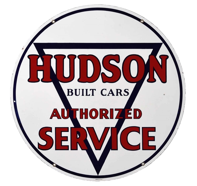 HUDSON BUILT CARS AUTHORIZED SERVICE PORCELAIN SIGN.        