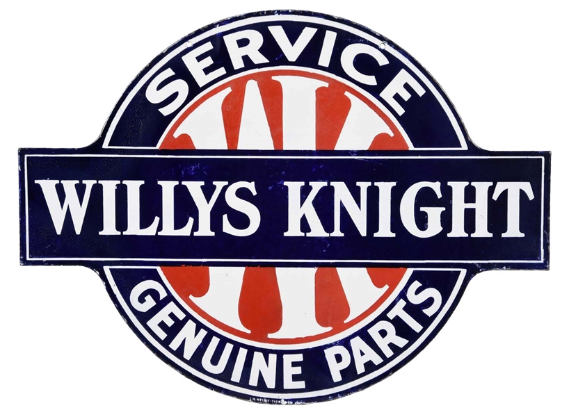 WILLYS KNIGHT SERVICE GENUINE PARTS DIECUT PORCELAIN SIGN.         