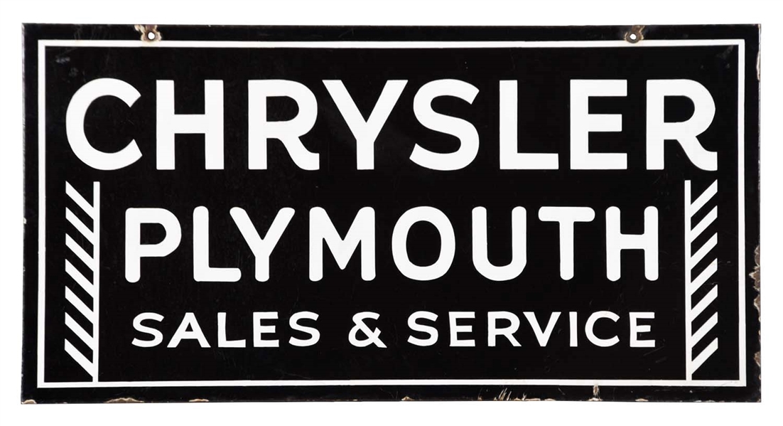 CHRYLSER PLYMOUTH SALES & SERVICE PORCELAIN SIGN.           