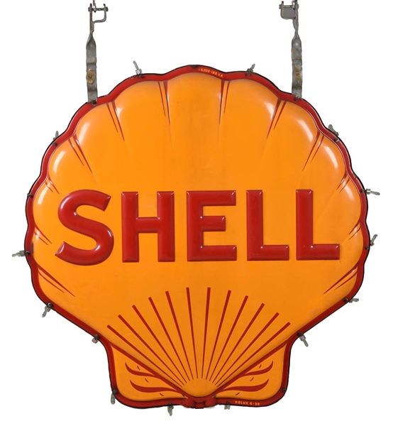 SHELL EMBOSSED CLAM SHAPED NEON PORCELAIN SIGN.                                  