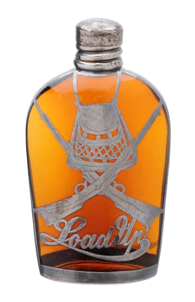 LOAD UP SILVER-OVERLAID AMBER WHISKEY BOTTLE.