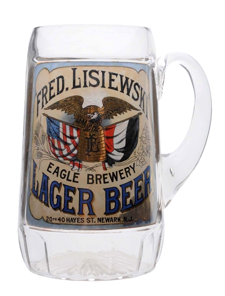 FRED LISIEWSKI LAGER BEER REVERSE ON GLASS MUG.
