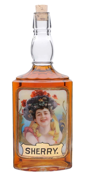 SHERRY REVERSE ON GLASS BOTTLE WITH BEAUTIFUL IMAGE OF LADY.
