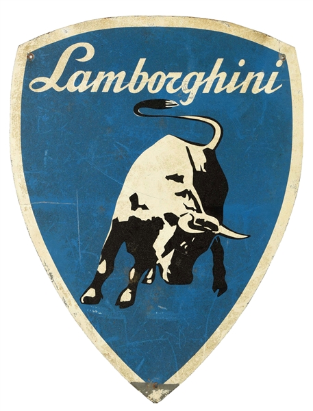 ORIGINAL LAMBORGHINI (AUTOMOBILE) SHIELD SHAPED TIN SIGN.           