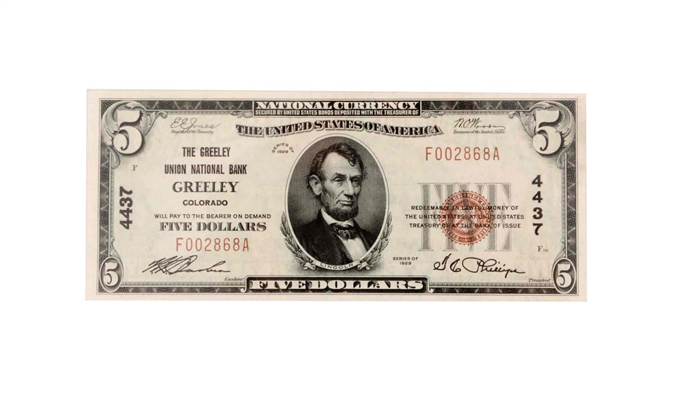 1929 TY I $5 NC GREELEY UNION.                    