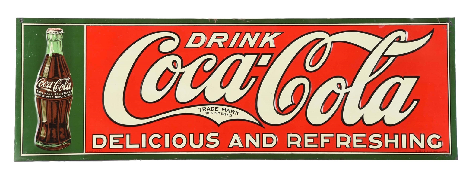 1926 EMBOSSED TIN COCA-COLA BOTTLE SIGN.