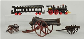 LOT OF 4: CAST IRON CANNONS & TRAIN SET.