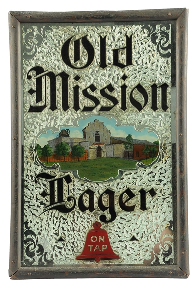 OLD MISSION LAGER REVERSE CHIPPED GLASS SIGN.
