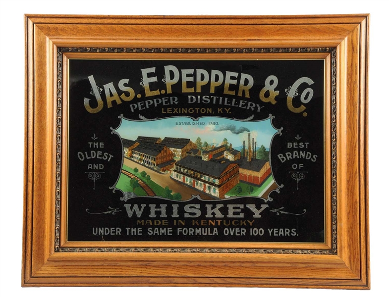 JAS. E. PEPPER & CO. WHISKEY REVERSE GLASS SIGN.