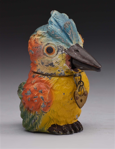 SPELTER KINGFISHER SPRING JAW MECHANICAL BANK.