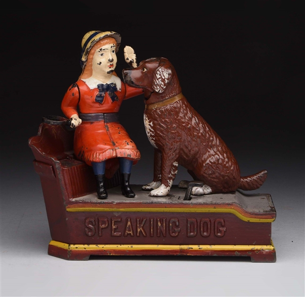 "SPEAKING DOG" CAST IRON MECHANICAL BANK.