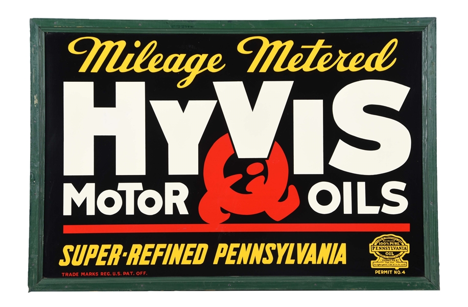 HY-VIS MOTOR OIL "MILEAGE METERED" TIN SIGN.