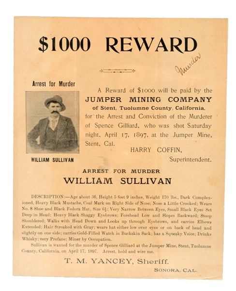 JUMPER MINING COMPANY $1000 REWARD POSTER.