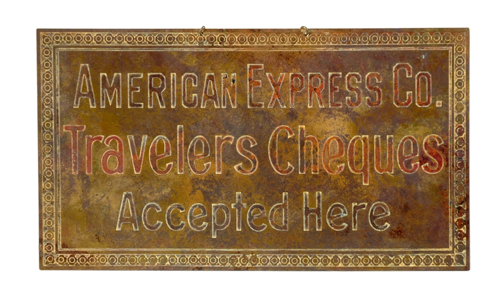 AMERICAN EXPRESS TRAVELERS CHEQUES BRASS SIGN.