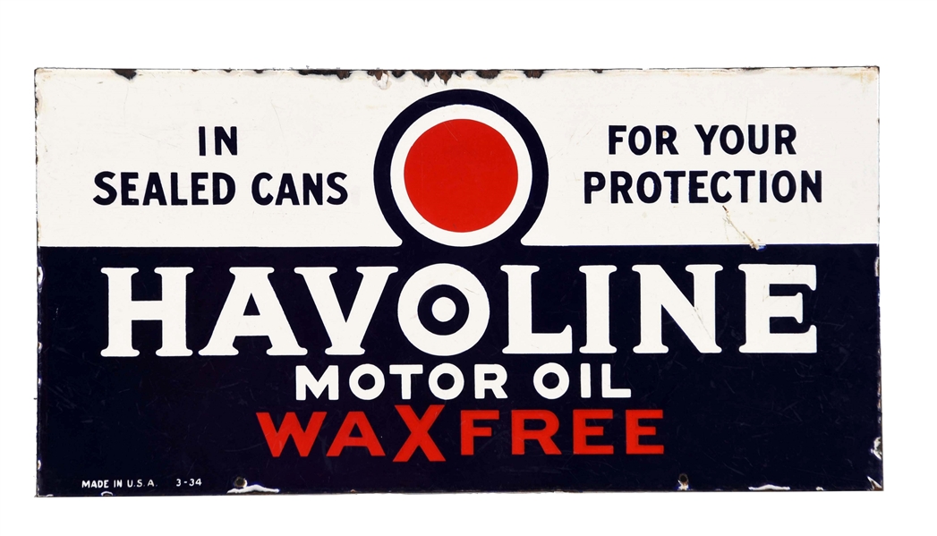 HAVOLINE MOTOR OIL WAX FREE PORCELAIN SIGN.                                                