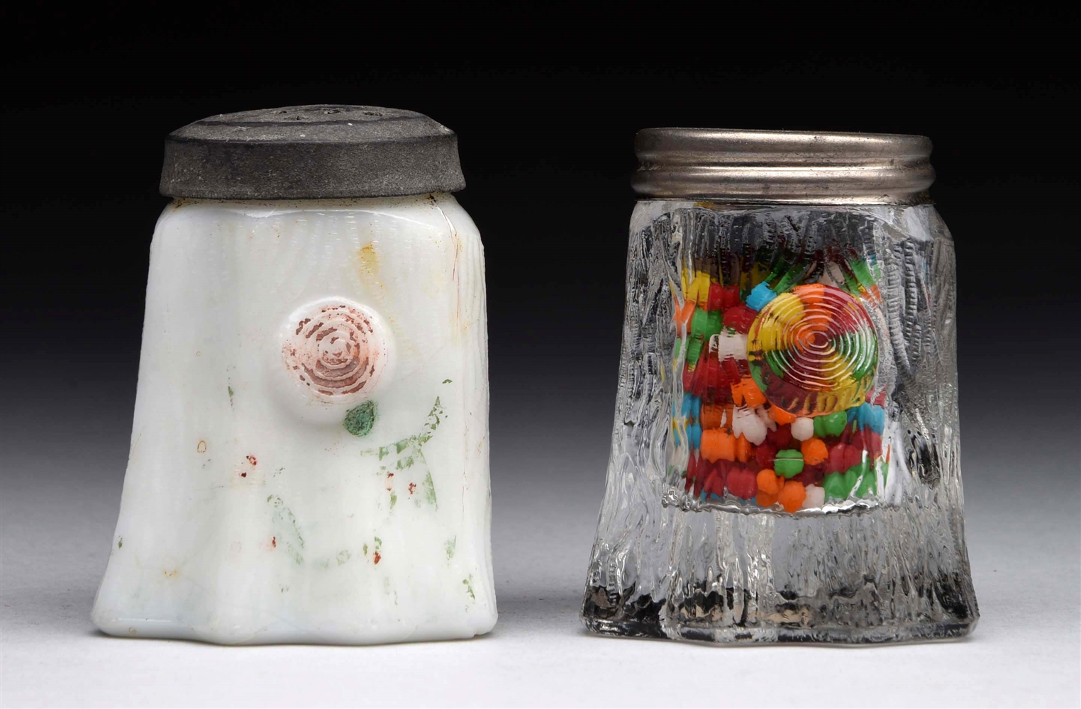 SET OF 2: TREE STUMP GLASS CANDY CONTAINERS.      