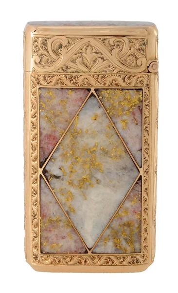SOLID GOLD MATCH SAFE DECORATED WITH GOLD IN QUARTZ.