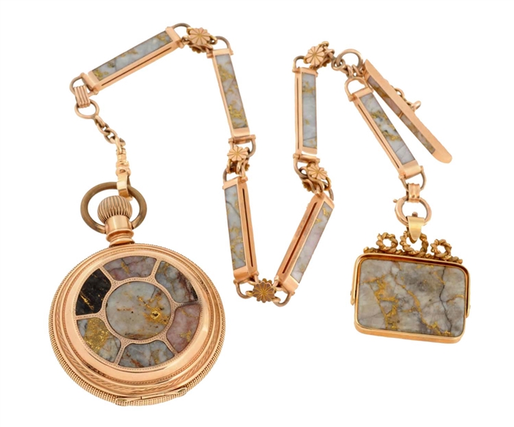 LARGE SIZE 18 SOLID GOLD & GOLD QUARTZ DECORATED POCKET WATCH.