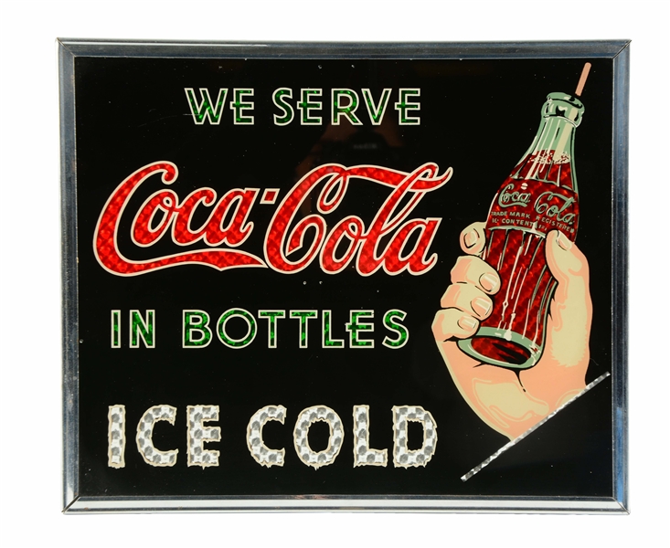 EARLY COCA-COLA REVERSE GLASS ADVERTISING SIGN.