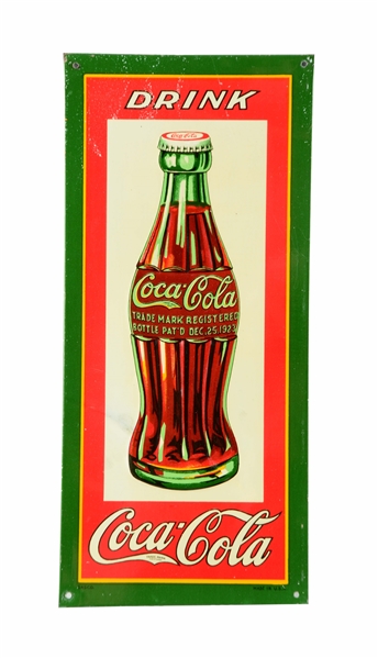 EMBOSSED TIN COCA-COLA SIGN WITH BOTTLE GRAPHIC. CIRCA 1930’S.
