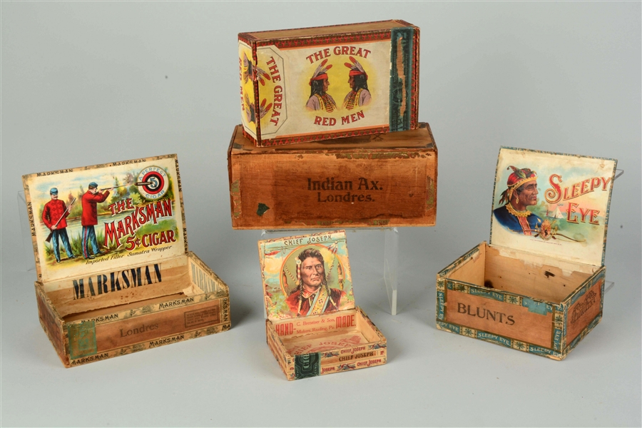 LOT OF 5: INDIAN RELATED CIGAR BOXES.