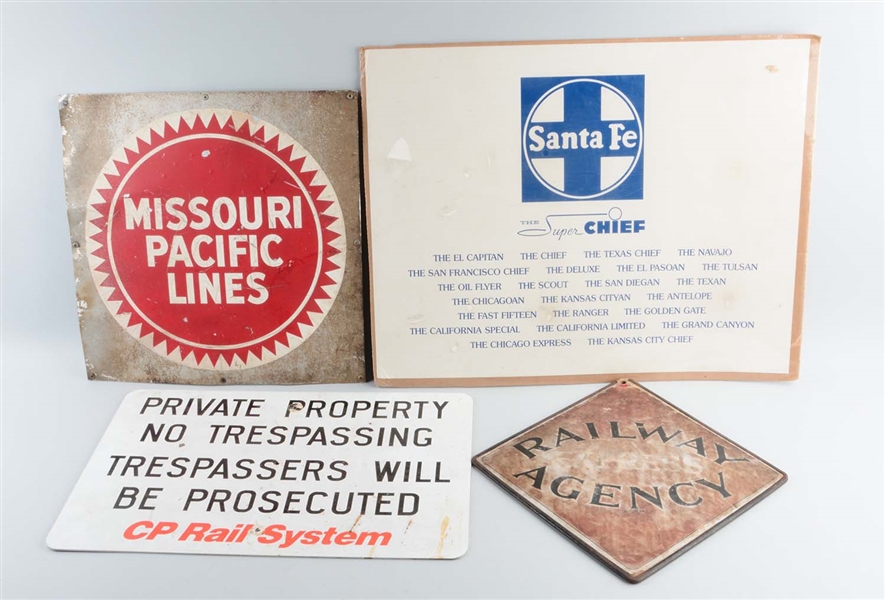 LOT OF 4: ASSORTED TRAIN SIGNS.