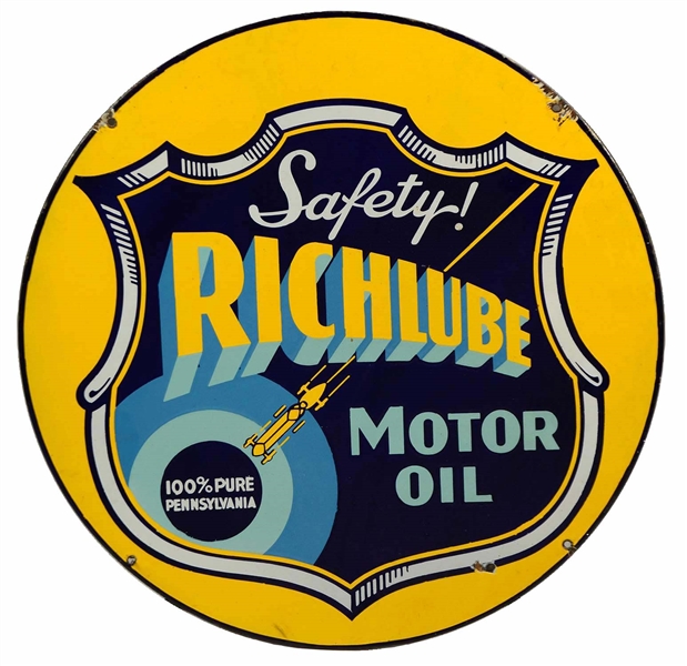 RICHLUBE "SAFETY MOTOR OIL" W/ CAR PORCELAIN SIGN.