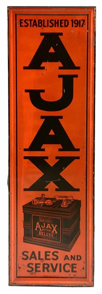 AJAX (BATTERY) SALES & SERVICE VERTICAL EMBOSSED TIN SIGN.