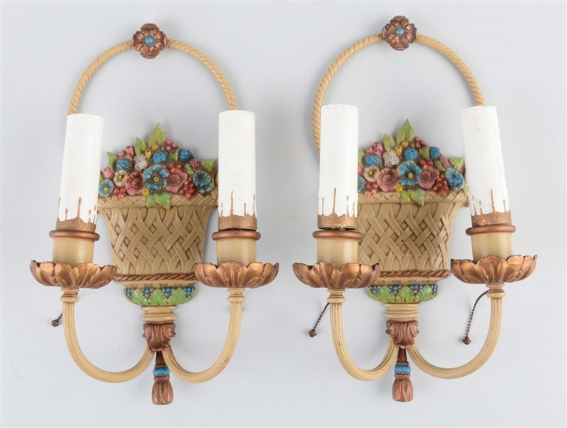 1 PAIR: CAST IRON FLOWER IN BASKET SCONCE LAMPS.