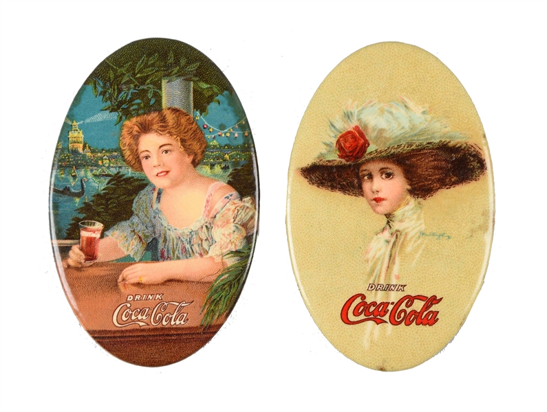 LOT OF 2: 1909 & 1910 COCA - COLA CELLULOID POCKET MIRRORS.