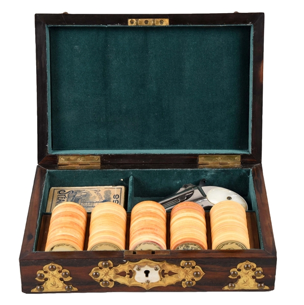ROSEWOOD GAMBLERS BOX WITH FANCY BRASS FILLERS & MOTHER OF PEARL INLAID CARDS.