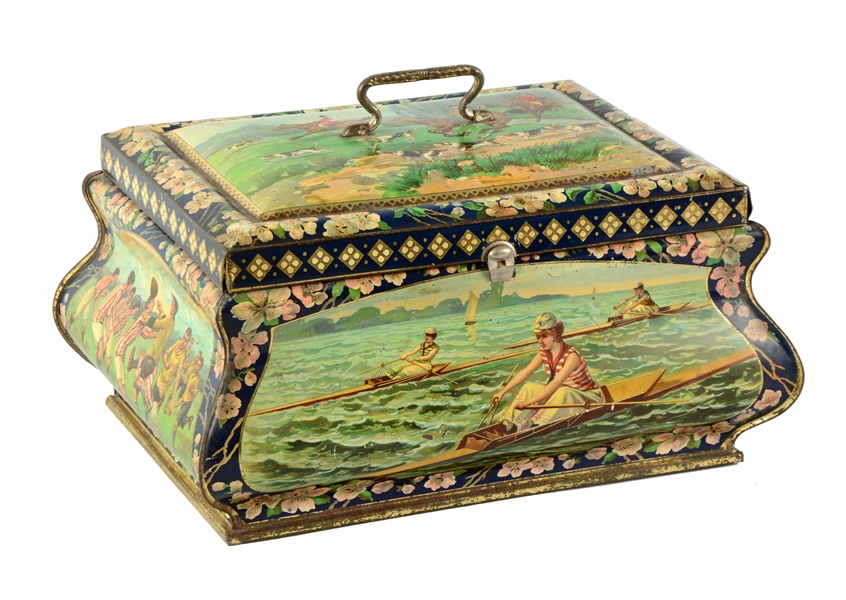 EARLY LITHOGRAPHED BISCUIT TIN. 