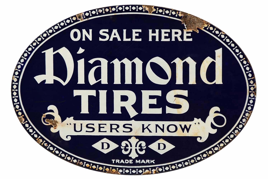 DIAMOND TIRES "ON SALE HERE" OVAL PORCELAIN SIGN.