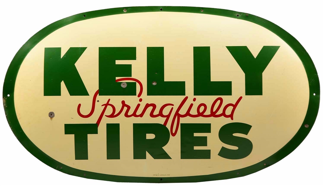 KELLY SPRINGFIELD TIRES OVAL EMBOSSED TIN SIGN.