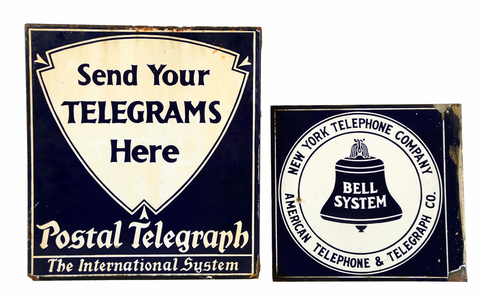 LOT OF 2: POSTAL TELEGRAPH & NEW YORK TELEPHONE PORCELAIN FLANGE SIGN.