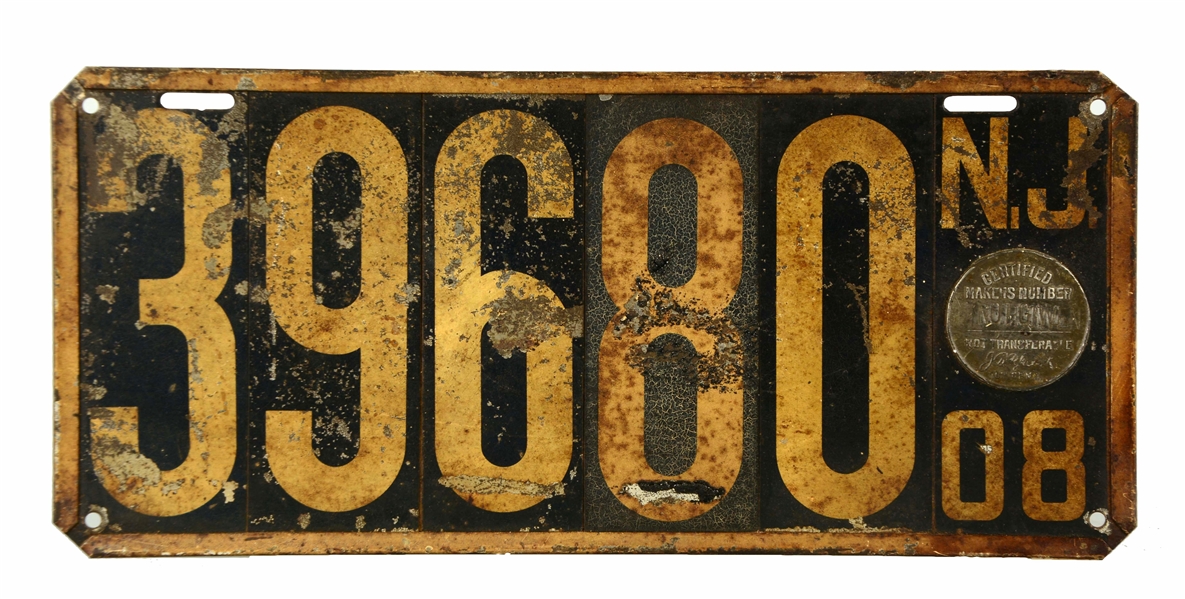 1908 NEW JERSEY METAL AUTO LICENSE PLATE