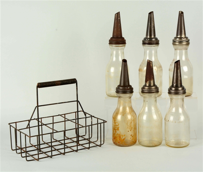 LOT OF 6: GENERIC OIL BOTTLES WITH METAL SPOUTS. 