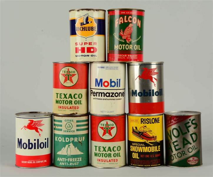 LOT OF 10: ONE QUART ROUND METAL MOTOR OIL CANS.