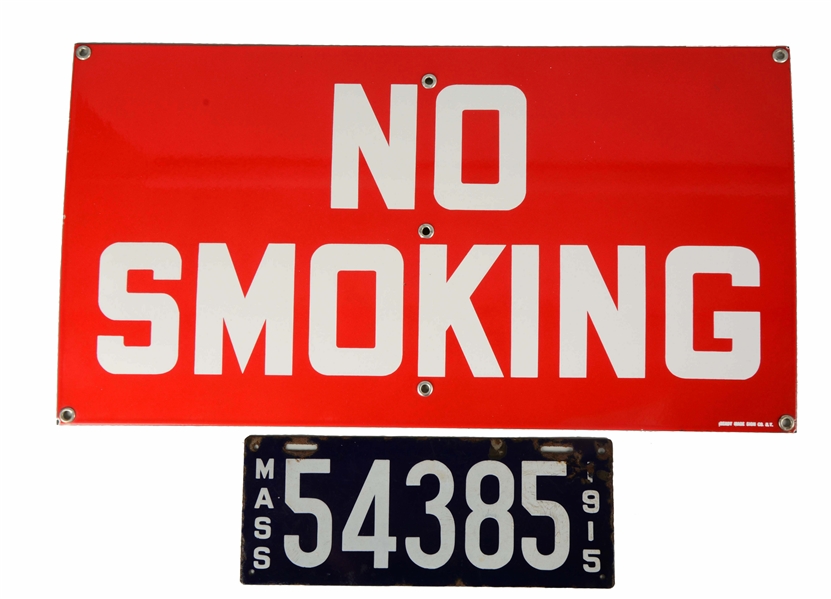 1915 MASS PLATE & NO SMOKING SSP SIGN.