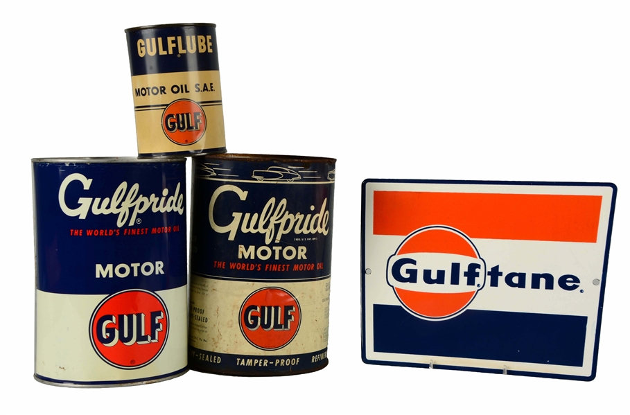 GROUP OF GULF MOTOR OIL AND FUEL ITEMS.