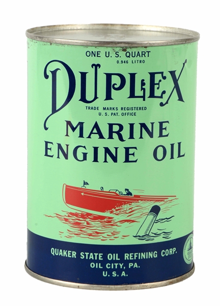 DUPLEX MARINE ENGINE OIL QUART ROUND METAL CAN.