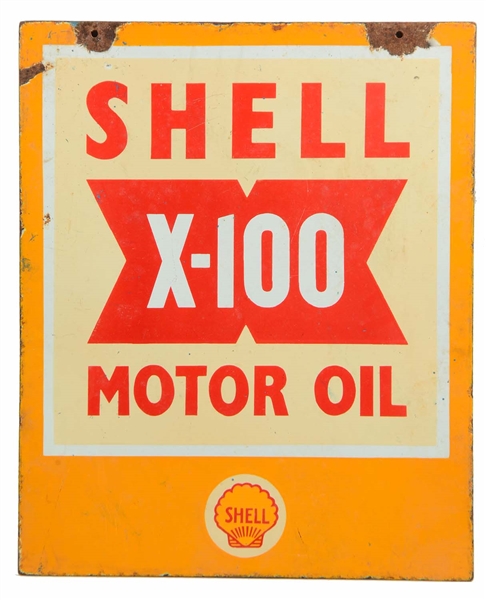 SHELL X-100 MOTOR OIL WITH LOGO PORCELAIN SIGN.