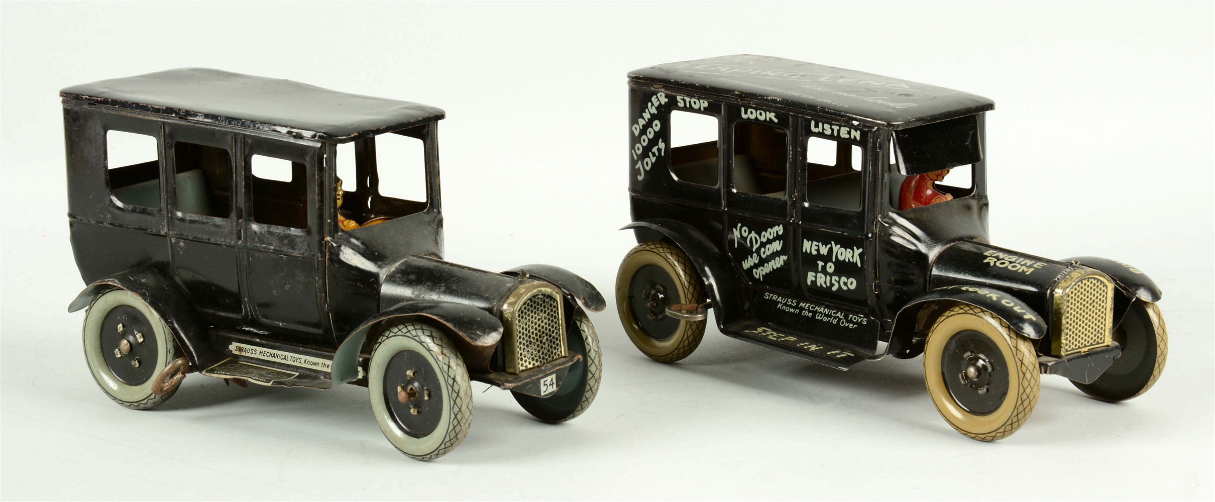 LOT OF 2: STRAUSS TIN LITHO WIND-UP AUTOMOBILE TOYS.