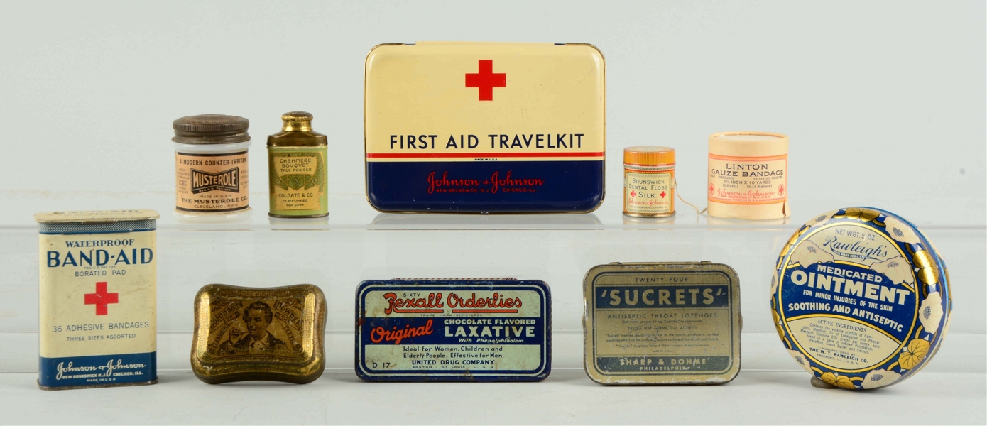 LOT OF 10: ASSORTED MEDICAL TINS.
