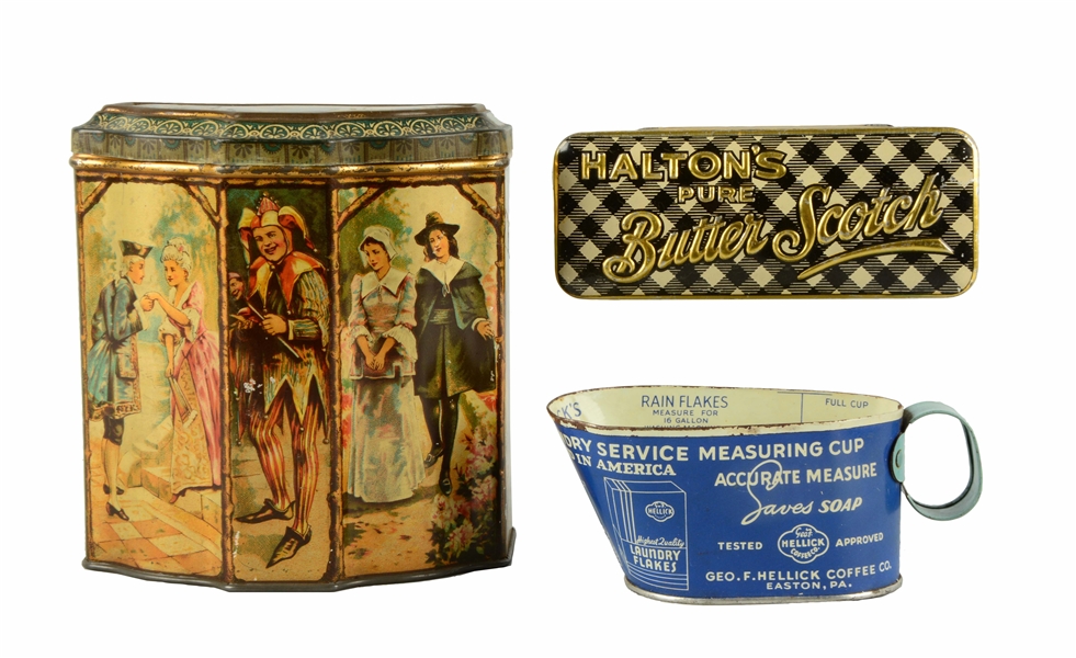 LOT OF 3: EARLY ADVERTISING TIN CONTAINERS.