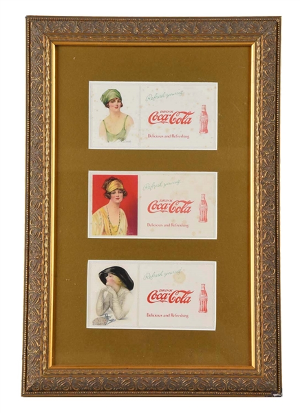 FRAMED SET OF THREE EARLY COCA - COLA FLAPPER GIRL BLOTTERS. 